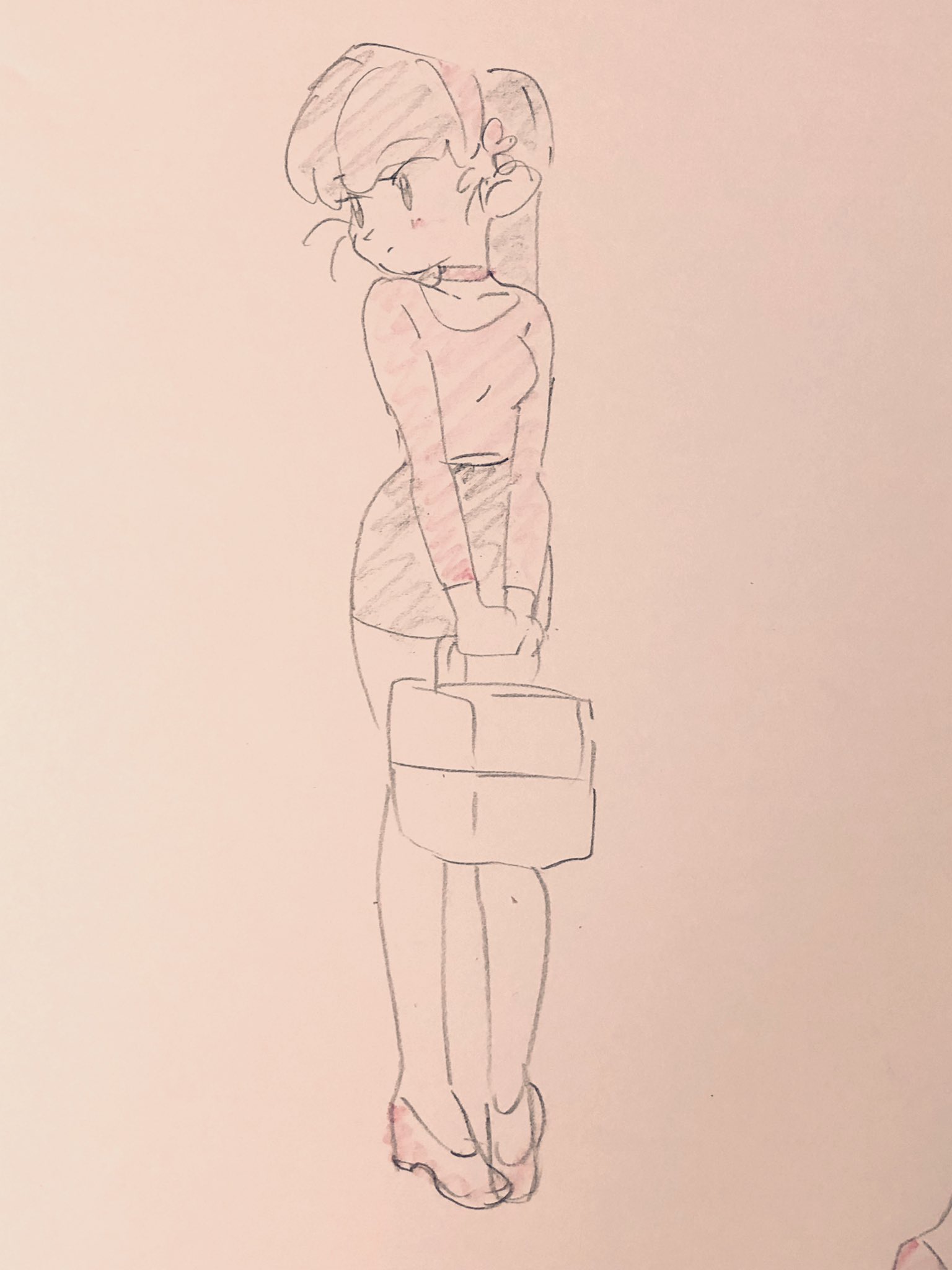 the image is a simple, pencil sketch of an animestyle girl standing while holding a briefcase. she has long hair with a barrette, and is wearing a longsleeved shirt, skirt, and heels.  the image is drawn with soft lines and minimal shading, and the girl has a cute and innocent appearance.