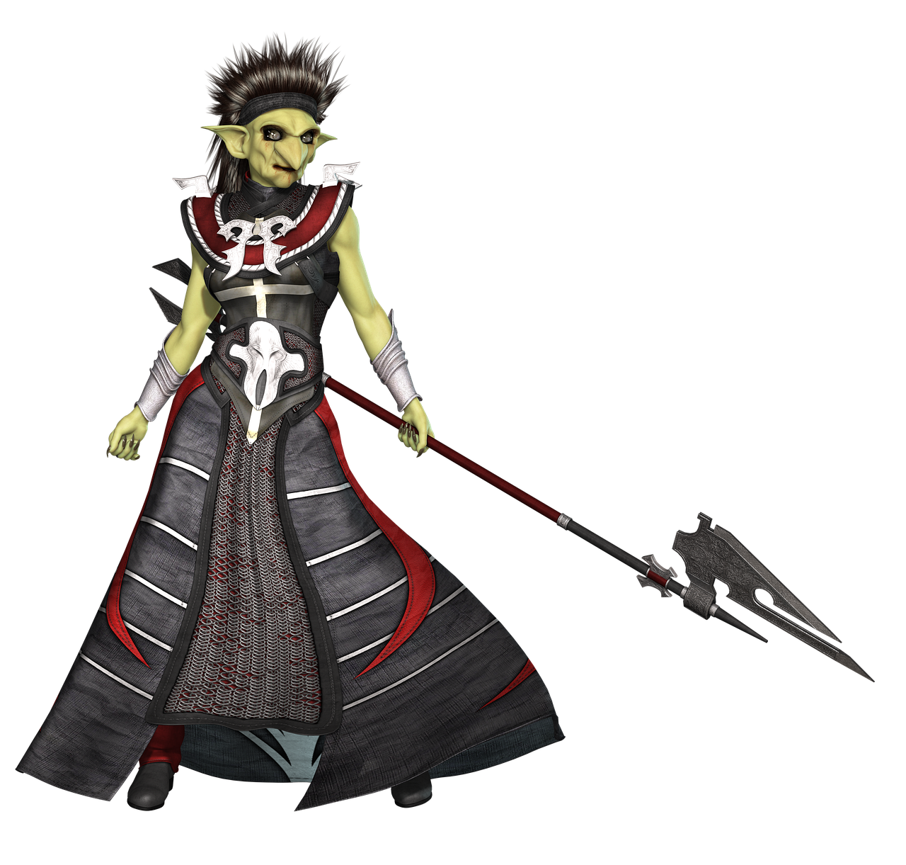 a 3d rendered image depicts a goblin character in a fantasy setting. the goblin has green skin, pointed ears, and a mohawkstyle hairstyle. it is dressed in darkcolored medieval armor with red accents and is holding a spear with a unique blade design. the background is solid black, emphasizing the character.