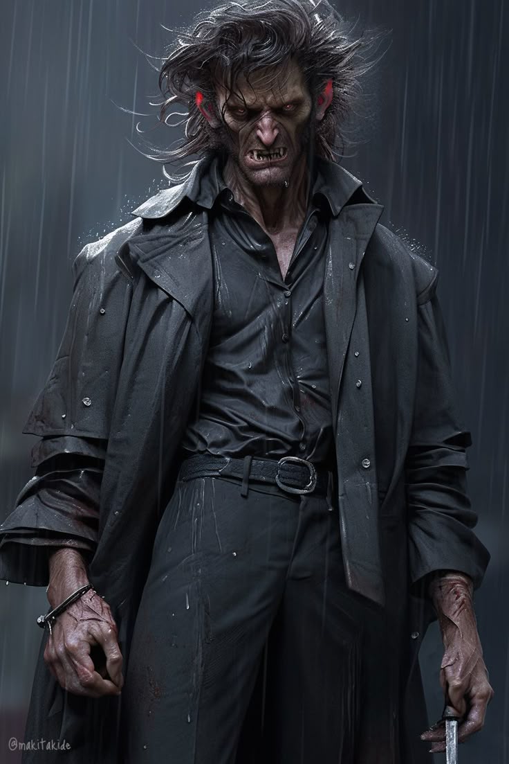 a menacing, vampirelike creature wearing a black trench coat stands in the rain. the creature has sharp teeth, scars, and disheveled hair. its facial expression is fierce. the creature looks like a monster.
