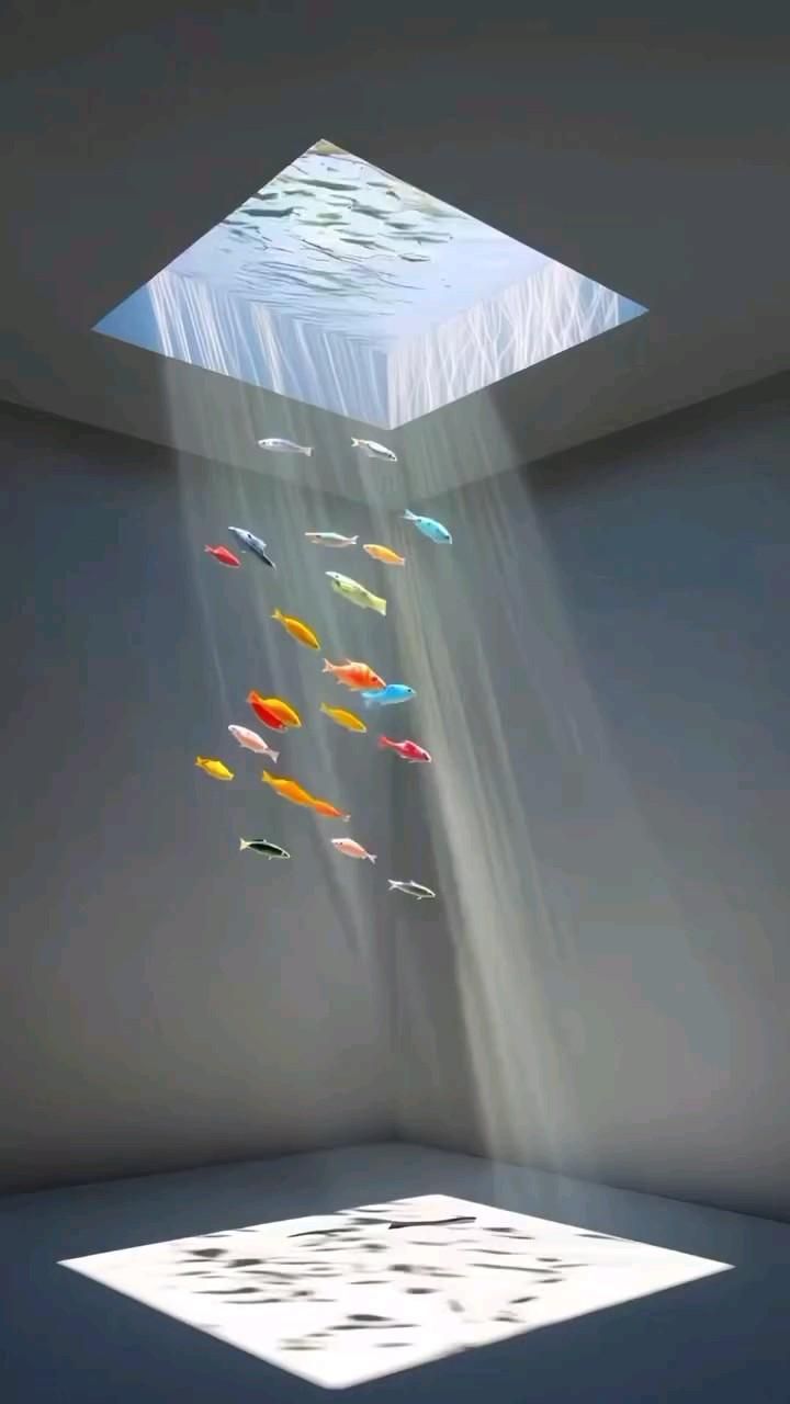 a room with a square window on the ceiling shows sunlight streaming through, revealing water above. a school of colorful fish swims within the beam of light.