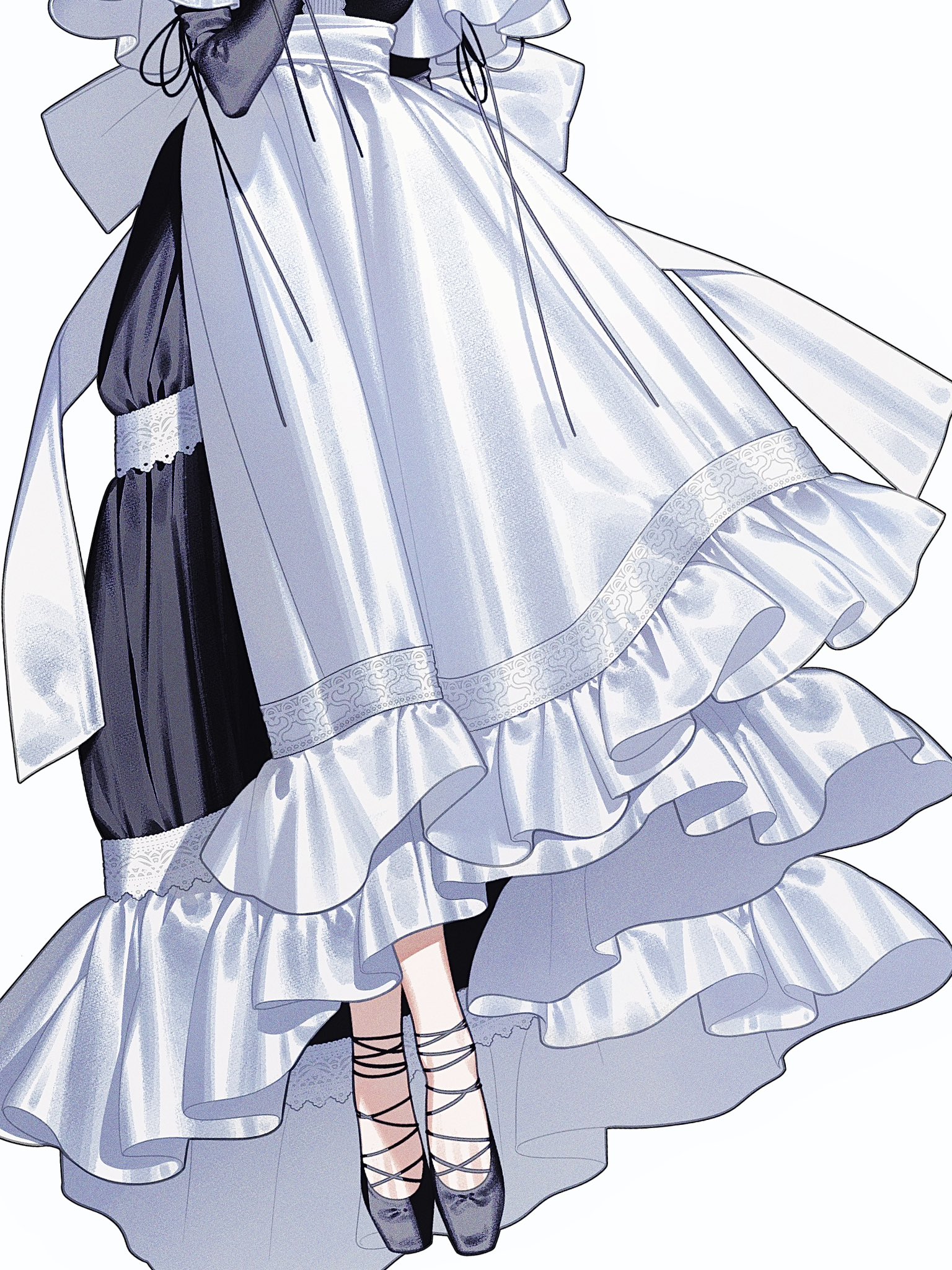 he image is a detailed illustration of an anime or mangastyle girl wearing a beautiful maid dress. the dress is predominantly light blue/purple, featuring multiple layers of ruffles and frills that create a voluminous and elegant look.  lace accents and ribbons are visible, adding to the ornate detailing. the girl is wearing darkcolored ballet flats with laces. the overall style is graceful and fantastical, possibly from a visual novel or light novel. the background is plain white, allowing the dress and character to be the focus.