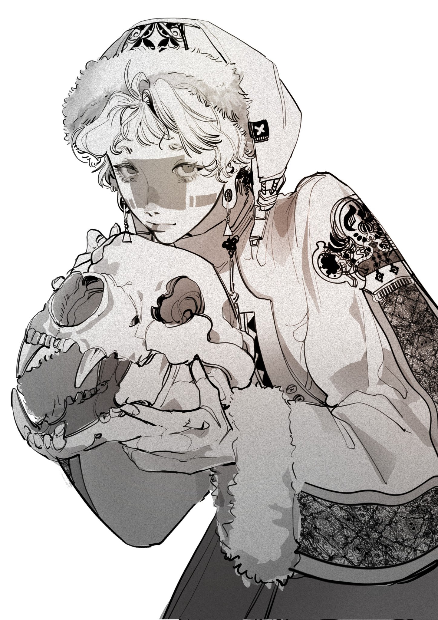a black and white illustration of a young girl with short, shaggy hair, wearing a white jacket, a furry white hood and a black, white, and gray skull patterned hat. she's holding a stylized skull with her right hand, her left hand is tucked under the skull. she appears to be looking towards the left of the frame. the image is drawn in a manga style.
