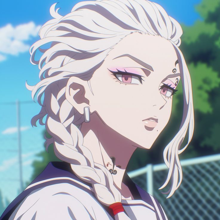 the image is a closeup, stylized anime portrait of a young woman with long, white braided hair. she has pink eyeshadow and a serious expression. she's wearing what appears to be a school uniform, possibly a sailor uniform, with dark accents at the collar.  she also sports small earrings and subtle tattoos on her neck and near her eyebrows. the setting appears to be outdoors, with a blurred background suggesting a schoolyard or similar location on a sunny day. the art style is consistent with modern anime and manga aesthetics. the character's appearance and style strongly suggest she's based on maki zenin from jujutsu kaisen.