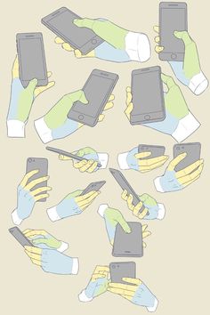 the image depicts a collection of hands holding various types of cell phones. each hand has a different colored sleeve or glove on, and the cell phones are all different shapes and sizes. the background is a pale yellow and the drawing style is simplified, with lines and shadows.