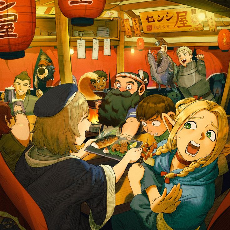 the image is a vibrant and detailed animestyle illustration depicting a lively scene in a fantasy tavern. a diverse group of characters, including an elf, humans, and what appears to be a dwarf, are gathered around tables, enjoying food and drinks. the setting is reminiscent of a traditional japanese izakaya (pub), with red lanterns, wooden architecture, and a menu board written in japanese.  the characters display a wide range of expressions, from cheerful enjoyment to surprised reactions.  the food looks delicious, featuring grilled fish, skewers, and possibly other dishes. the overall atmosphere is warm, inviting, and full of energy. the art style is rich in color and texture, conveying a sense of movement and vibrancy.