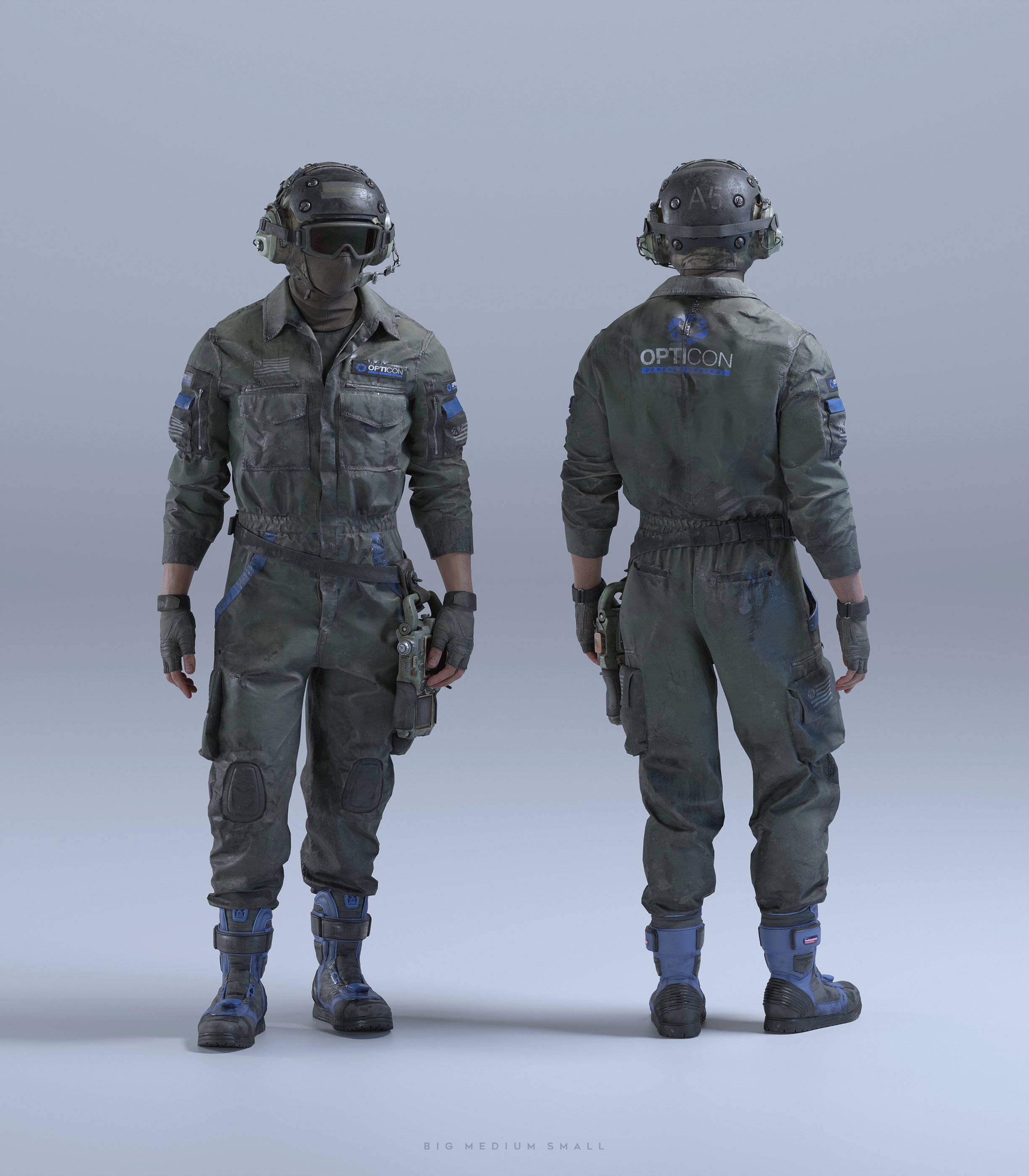 3d render of a futuristic soldier in a green combat jumpsuit. the soldier is wearing a helmet with goggles, tactical boots and gloves, and carries a weapon at their hip. the jumpsuit has "opticon" printed on the back. the image shows both front and back views of the character against a grey background.