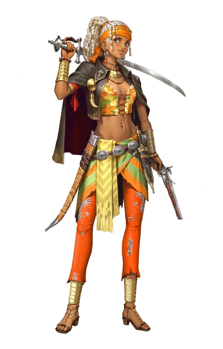 the image shows a woman with white hair braided into pigtails, wearing a brown leather jacket, a floral tank top, orange pants, and sandals. she is holding a sword in her right hand and a pistol in her left hand. she has a confident expression and is wearing a lot of jewelry, including a necklace and a belt with a silver buckle. she appears to be a powerful and fierce warrior or adventurer. the background is white.
