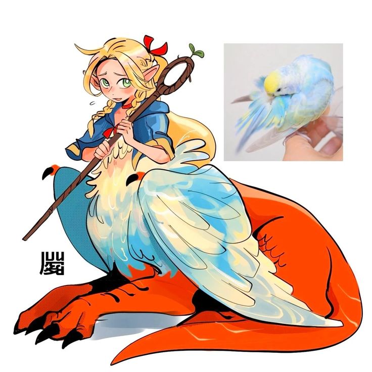 the image is a digital illustration depicting a whimsical fantasy character.  a young, blondehaired girl with elflike ears is sitting atop a large, orangescaled creature with birdlike wings. the creature's body resembles a dragon, while its wings are more reminiscent of a griffin or large bird. the girl is dressed in a blue and white outfit, holding a staff. a small inset image shows a pale blue budgie or parakeet, suggesting the inspiration for the creature's design. the art style is vibrant and cartoonish, blending elements of anime and manga. the overall tone is light and magical.