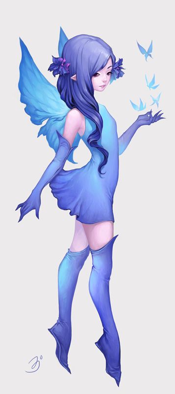 a fullbody illustration of a fairy with blue hair, wings, and clothing, surrounded by butterflies. she is wearing a short blue dress, long blue gloves, and matching boots. blue flowers are tucked into her hair, and her wings are a similar shade of blue. she is depicted in an animeinspired art style.