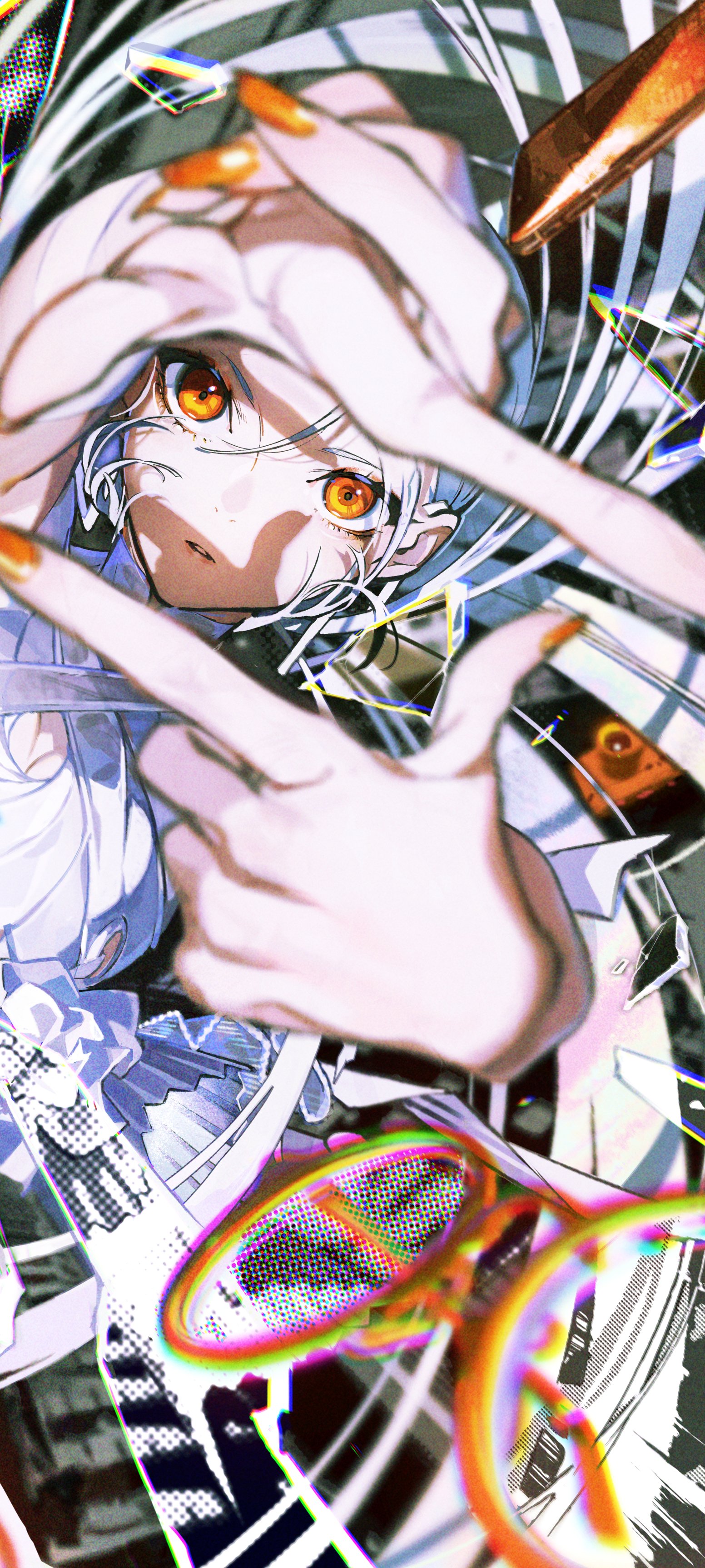 the image showcases a stylized drawing of a young woman, likely an anime or manga character. she has striking white hair and intense orange eyes. her pose is dynamic, with her hands framing her face, almost as if she's peering through a lens. the overall aesthetic leans towards a modern, urban feel, emphasized by the abstract, almost glitchy elements in the background and the presence of sunglasses.