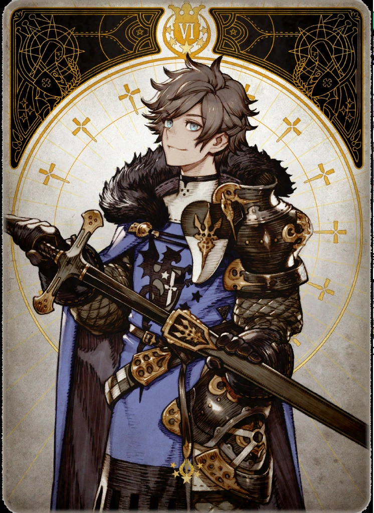 an illustration of a young man in blue and gold stylized medievalstyle armor and a black fur collar, holding a sword upright in his right hand. he is positioned slightly to the left and gazing at the viewer with a smirk. the style is reminiscent of fantasy art and tarot cards. the background is gold and white with geometric and floral patterns.