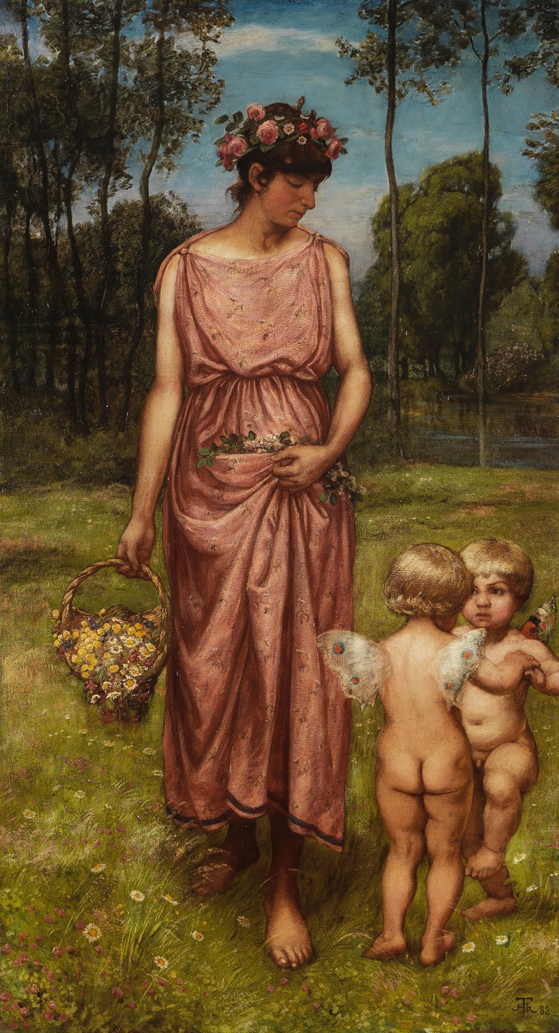 a painting depicts a woman in a long, pink dress with a flower crown on her head, holding a basket of yellow flowers. she is standing in a field of grass with scattered white flowers. behind her are two cherubic children with wings. the background is a lush forest landscape with tall trees and a blue sky visible through the branches.