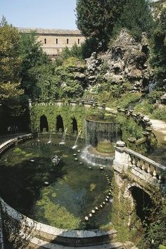 the image depicts a serene and lush italian garden, possibly villa d'este in tivoli. the central focus is a large, circular pond or basin with a cascading fountain that flows from a grottolike structure.  the fountain is surrounded by meticulously manicured vegetation, including various plants, trees, and mosscovered stonework. the background features a building with a classical architectural style and additional landscaping elements such as curved stone walls and sculpted greenery. the overall style is characteristic of a formal baroque or renaissance garden. the image conveys a sense of tranquility and historical significance.