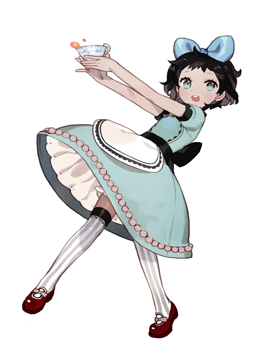 this is a digital illustration of an anime style girl. she has short black hair with a blue ribbon, she is wearing a white dress with blue trim and a white apron. she is holding a teacup in her right hand.  her left hand is resting on her hip. she is wearing red shoes with white socks that have black stripes. she looks happy and excited.