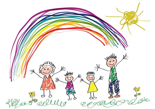 the image is a child's crayon drawing of a family of four standing beneath a rainbow. the family consists of a mother, father, and two children. the father is on the right, the mother is on the left, and the two children are in the middle. the family is holding hands and smiling. the rainbow is brightly colored and arches over the family. the sun is in the upper right corner of the drawing and is also smiling. there are flowers and grass at the bottom of the drawing. the drawing is full of happiness and love.