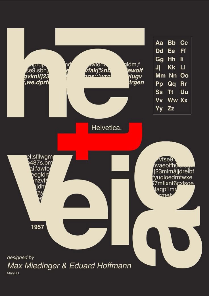 the image is a poster showcasing the helvetica typeface. the word "helvetica" is deconstructed into "he" and "veig" using large, overlapping letterforms in a cream color against a black background. a red bar forms the "t" in "helvetica." text fragments and the complete alphabet in helvetica are scattered around the design. the year 1957, along with the designers max miedinger and eduard hoffmann, is also featured.