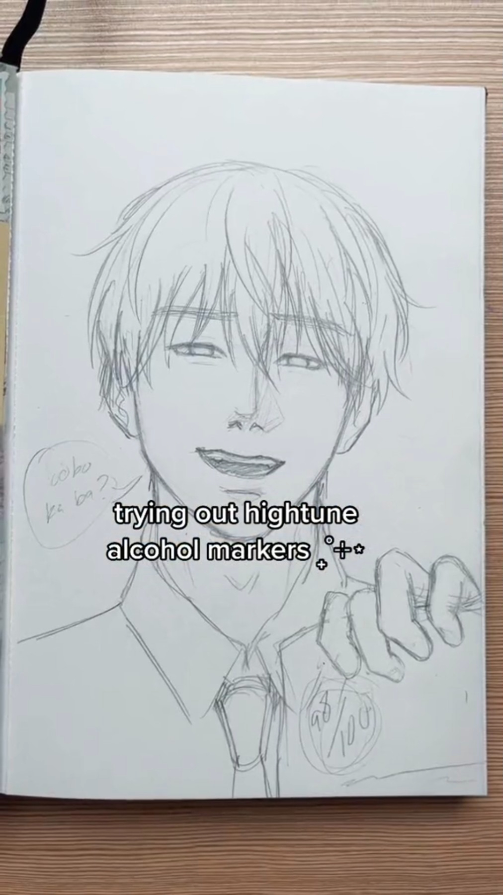 a pencil drawing of an anime male character with a bright smile and happy expression. he is wearing a suit and tie with a button on his jacket. he has a cute face with a small nose and is looking at the camera with a sweet smile. the drawing is very detailed and well done, with great attention to detail in the hair and clothing.