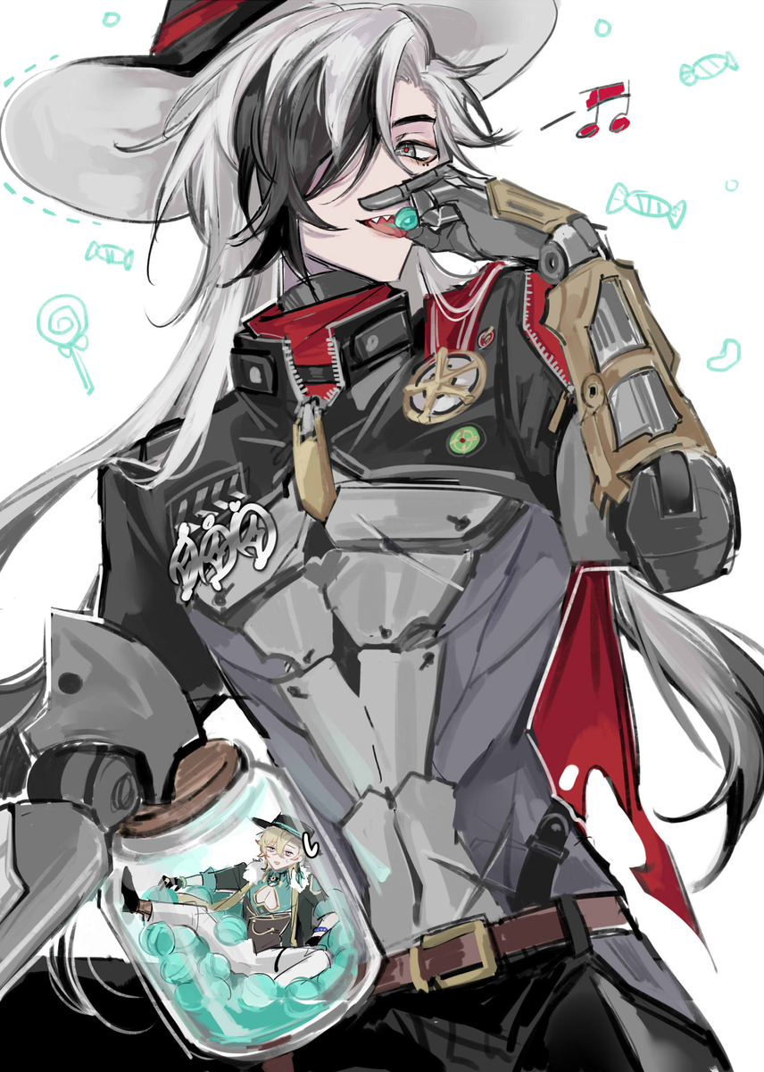 a digital anime illustration of a female character with long white hair. she's wearing a black jacket, a red scarf and silver armor, and is holding a glass jar in her hand. the character has a mischievous grin, and a white lollipop with a blue candy is on her lip. she is set against a white background with various sweets surrounding her. the artwork has a cartoon style and there are hints of candy strewn about the image.