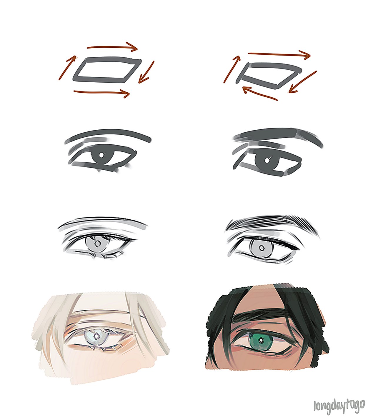he image is a drawing tutorial demonstrating how to draw various anime/mangastyle eyes.  it shows a stepbystep process, starting with basic shapes and line work for the eyebrows and eyelids, progressing to more detailed rendering of the eyes including irises, pupils, and highlights. the tutorial includes examples of different eye shapes, eyebrow styles, and shading techniques to create a range of expressions and characters.  the final examples showcase fully rendered eyes on characters with different hair colors and skin tones.  the style is clean and easy to follow, suitable for beginners.