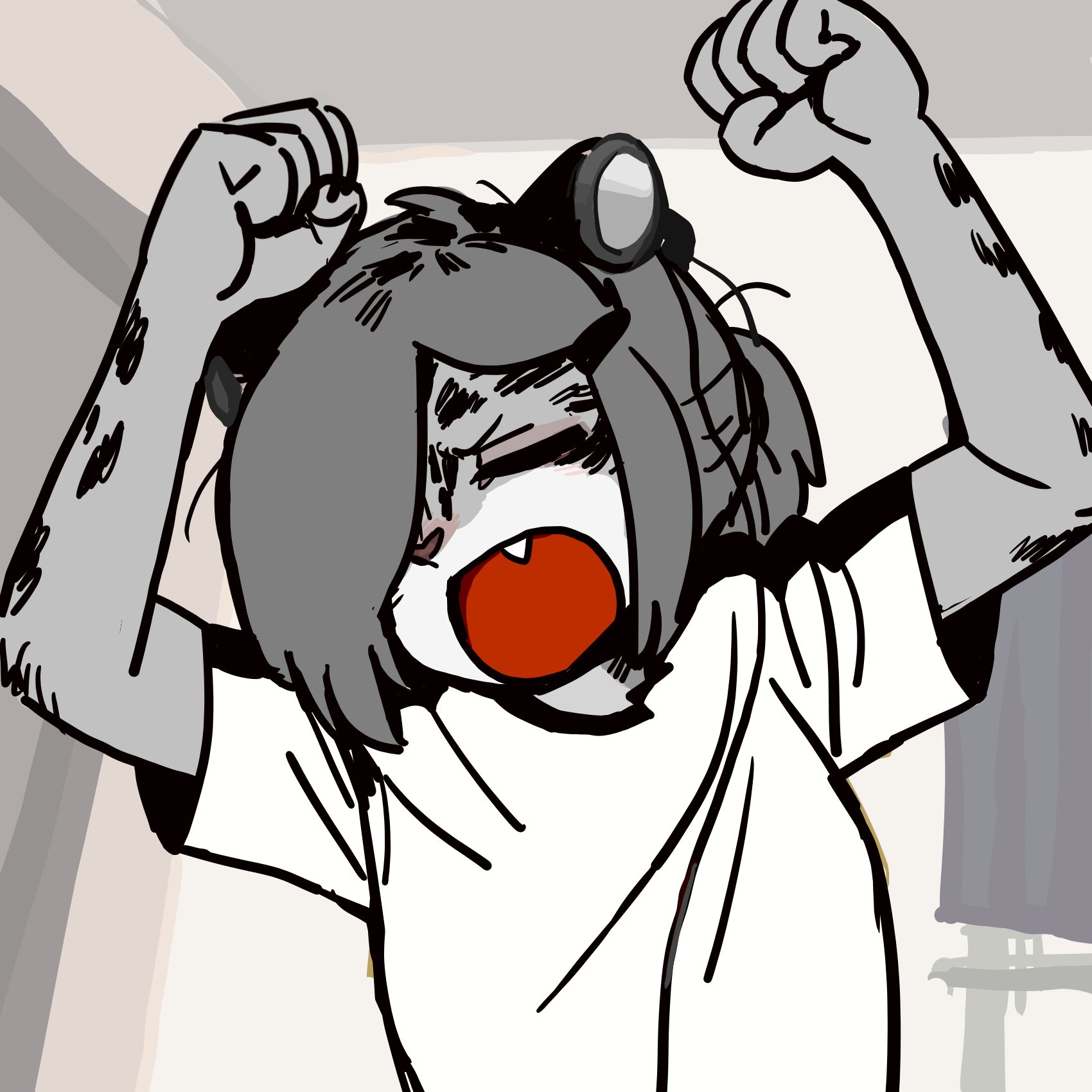 an anime girl with a grey furry body, a white tshirt and a headband with glasses. she has her arms raised with her fists clenched and her mouth open as if she is yelling. she has a fierce, energetic expression with her eyes tightly closed and her tongue sticking out of her mouth.
