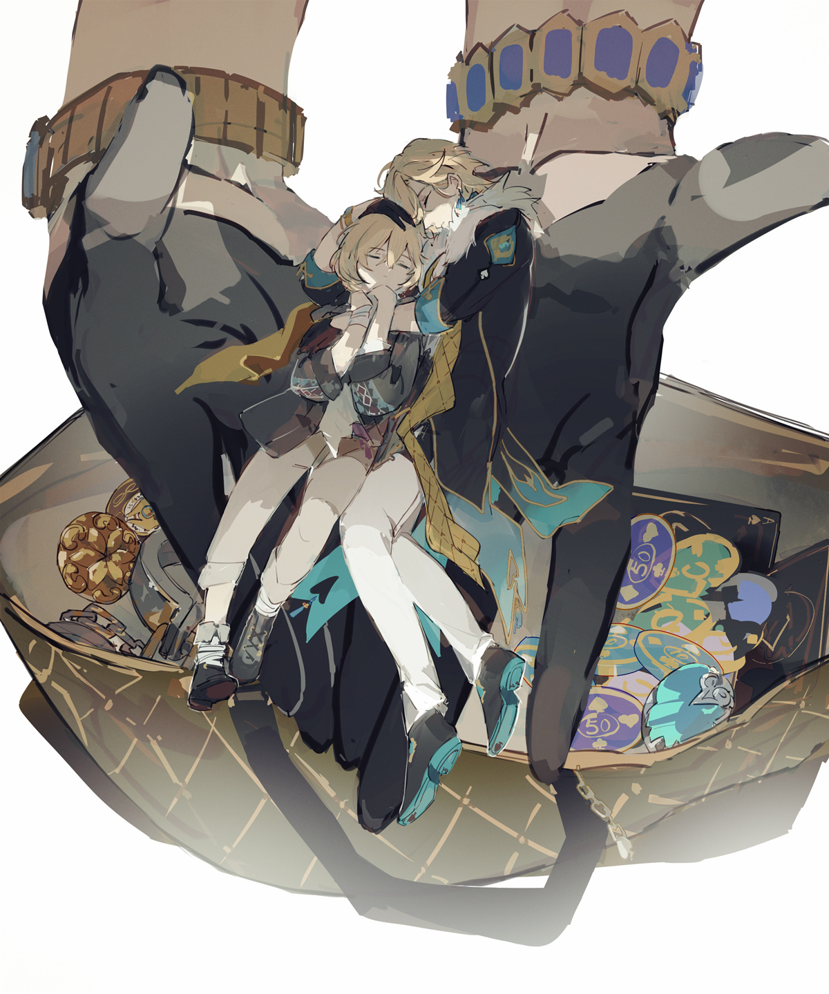 two anime characters, a male and a female, are hugging each other in the palm of a giant hand. the female character has long blonde hair and is wearing a white dress, while the male character has shorter blonde hair and is wearing a black and white suit. the giant hand is holding a bag full of gambling chips, and there are other items in the bag, like coins and a watch. the image is drawn in a cartoon style, and the colors are bright and vibrant.