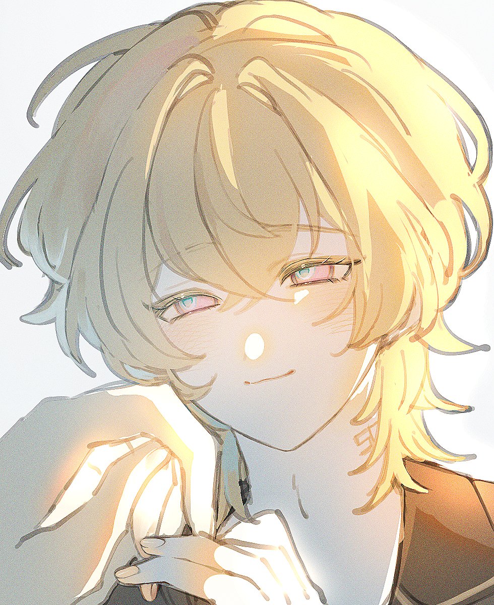 the image is a stylized digital drawing of an animestyle young man with long, light blonde hair.  he has pale skin and soft, gentle features, including light pink blush on his cheeks. his eyes are a soft, light teal or bluegreen with pink highlights. he has a calm, peaceful expression and his hands are gently clasped together in front of him. the overall style is soft and delicate, with warm lighting creating a glowing effect, particularly around his hair and hands. he appears to be wearing casual clothing, possibly a part of a uniform with a visible collar. the background is a very light, almost white, tone. the art style is reminiscent of manga and modern digital illustration.