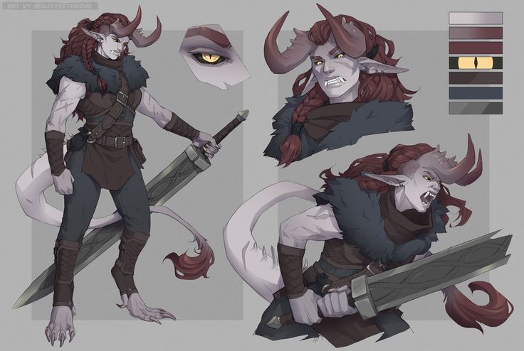 this is a character design for a fantasy warrior. the character is a woman with red hair and horns. she is wearing armor and carrying a sword. she is standing with a fierce expression on her face. the background includes a color palette.