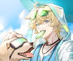 an anime style illustration shows a blonde male with blue eyes and a dog. the male is eating a green popsicle and wearing a blue shirt, a hoodie, and sunglasses. the dog is wearing sunglasses as well and has its tongue out. the background is a light blue beach.