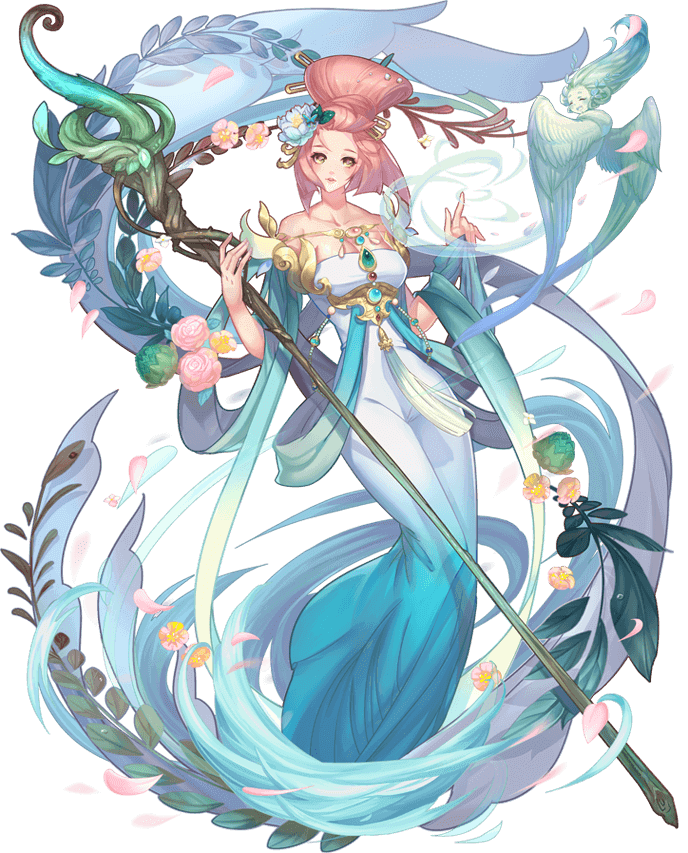 a beautiful, fantasy anime girl with pink hair and a white and blue dress. she is holding a staff and there is a small fairy behind her. the background is a swirl of flowers and greenery.