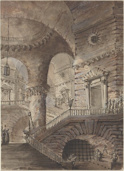 the image is a sepiatoned drawing of an elaborate architectural interior. the composition features a grand stairway that ascends through multiple levels, with prominent arches and a large, fluted column dominating the center. numerous small figures are visible on the stairs and balconies, suggesting a formal procession or gathering. details such as lanterns hanging from arched ceilings, decorative elements, and the stonework of the walls and stairs add to the grandeur of the scene. the drawing employs pen and ink with wash to create depth and shadow, emphasizing the scale and complexity of the architectural space.