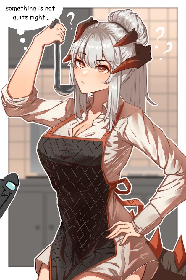 an anime girl with long white hair and red eyes is wearing a white shirt and red apron. she is holding a ladle in her right hand and is looking thoughtfully at it. there is a thought bubble above her head that says "something is not quite right...". she seems to be confused or worried about something.