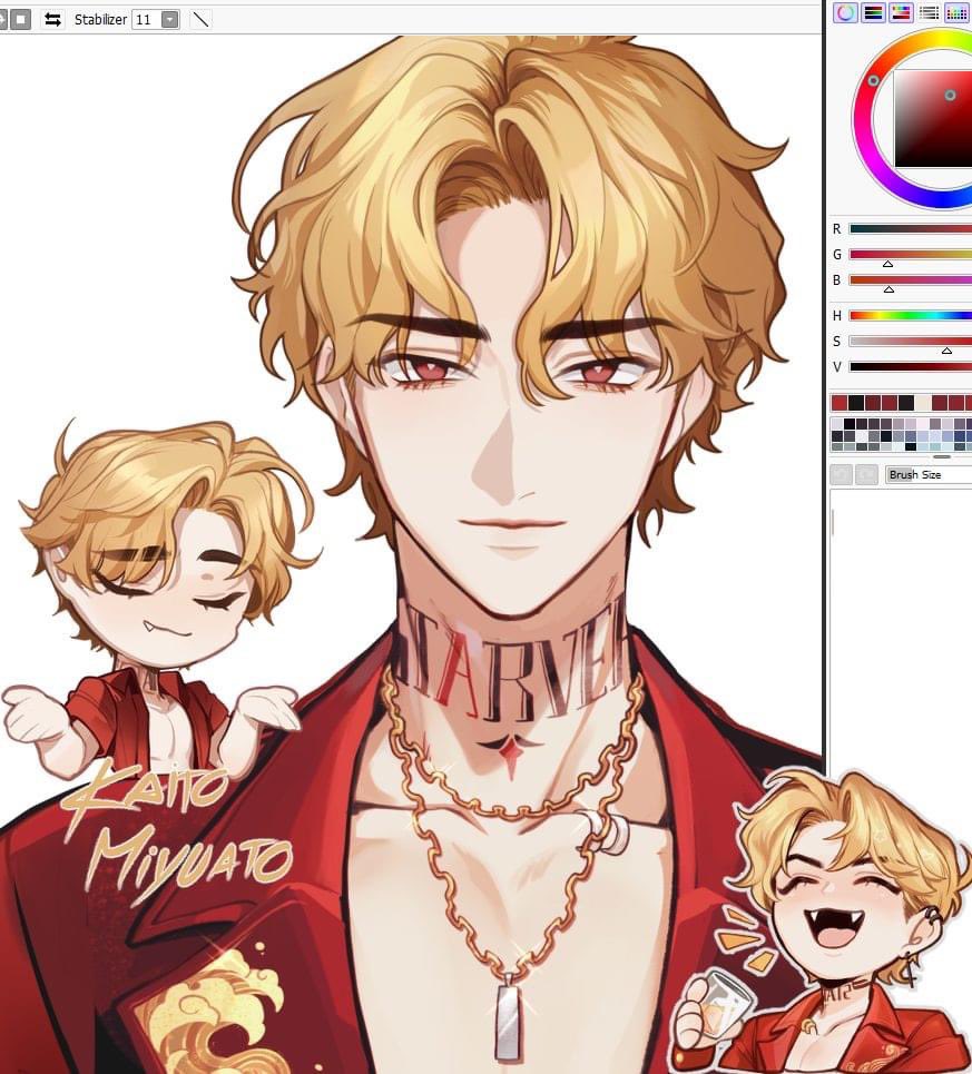 this is a digital illustration of a handsome young anime character. he is wearing a red shirt with a gold necklace and has a tattoo that says "starved" on his neck. the character has short blonde hair and is smiling. the drawing is in a cartoon style and is very well done.  the background of the drawing is a white, clean background.