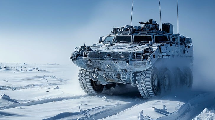 an armored personnel carrier drives through a snowy landscape. the vehicle is covered in frost and the ground is white with snow. the sky is a pale blue and there are no other vehicles or people in sight. the photo conveys a sense of isolation and harshness.