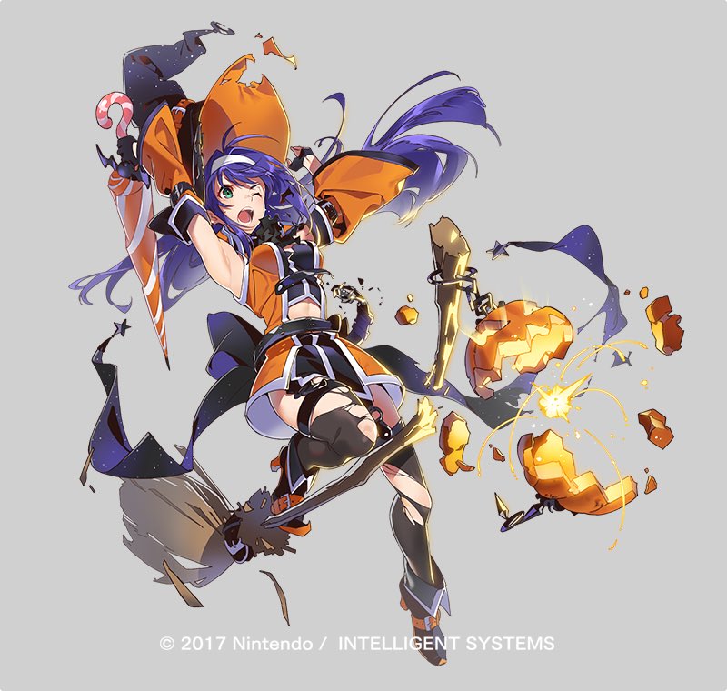 the image showcases a female character, likely from a video game, in a vibrant halloween witch costume. she has long blue hair, bright green eyes, and is dynamically posed midair as if flying on her broom. she's surrounded by shattered pumpkin fragments, suggesting a playful, mischievous action. her outfit features a distinctive orange and black color scheme with star motifs, reinforcing the halloween theme.  the art style is animeinspired with clean lines and exaggerated features.