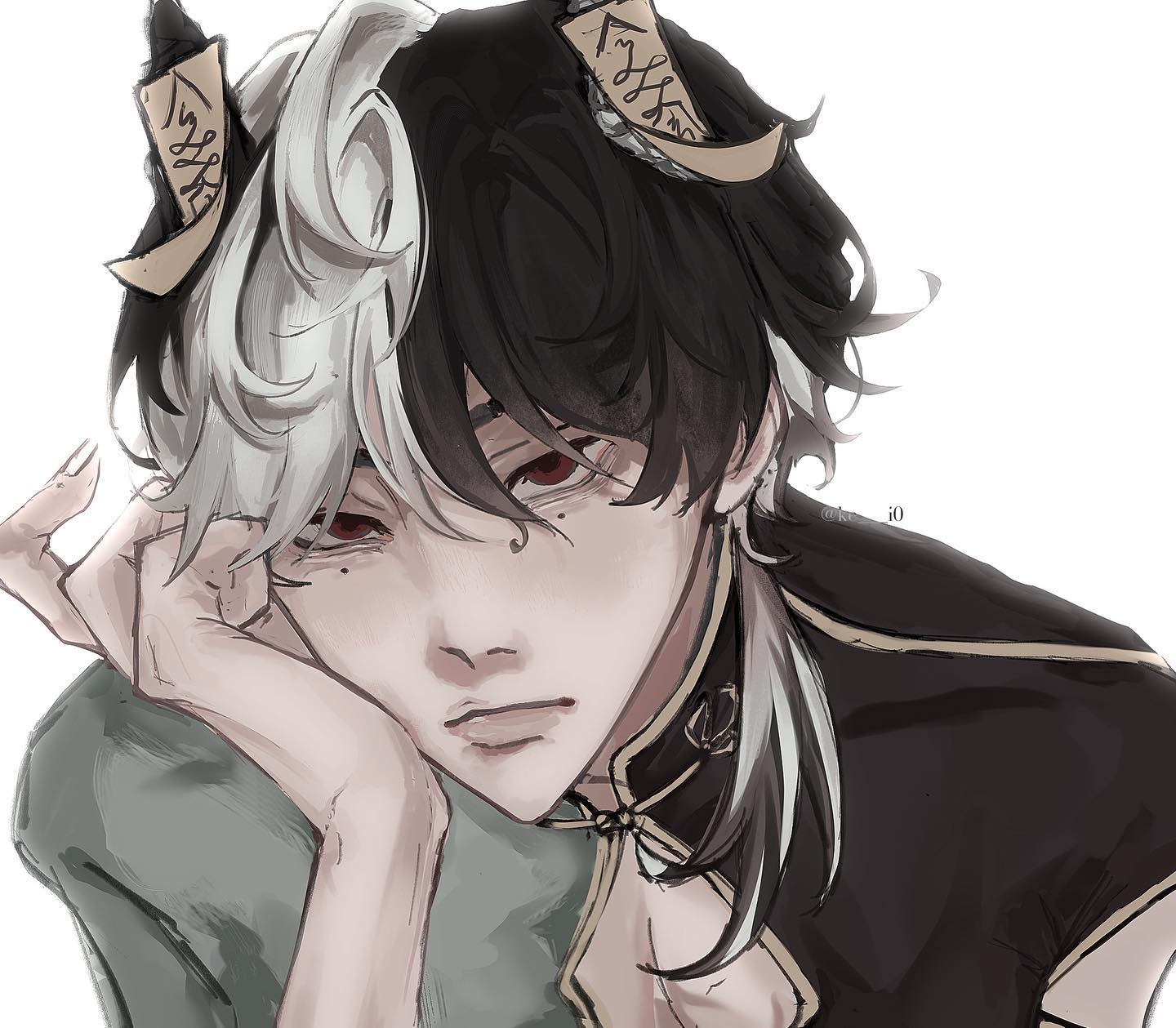 a digital illustration of an anime boy with white and black hair. he has horns on his head and a single earring on his left ear. he has a sad expression on his face, and he rests his head on his right hand. he is wearing a black and grey shirt with a white collar. the background is simple, but it is filled with a subtle greycolored gradient.