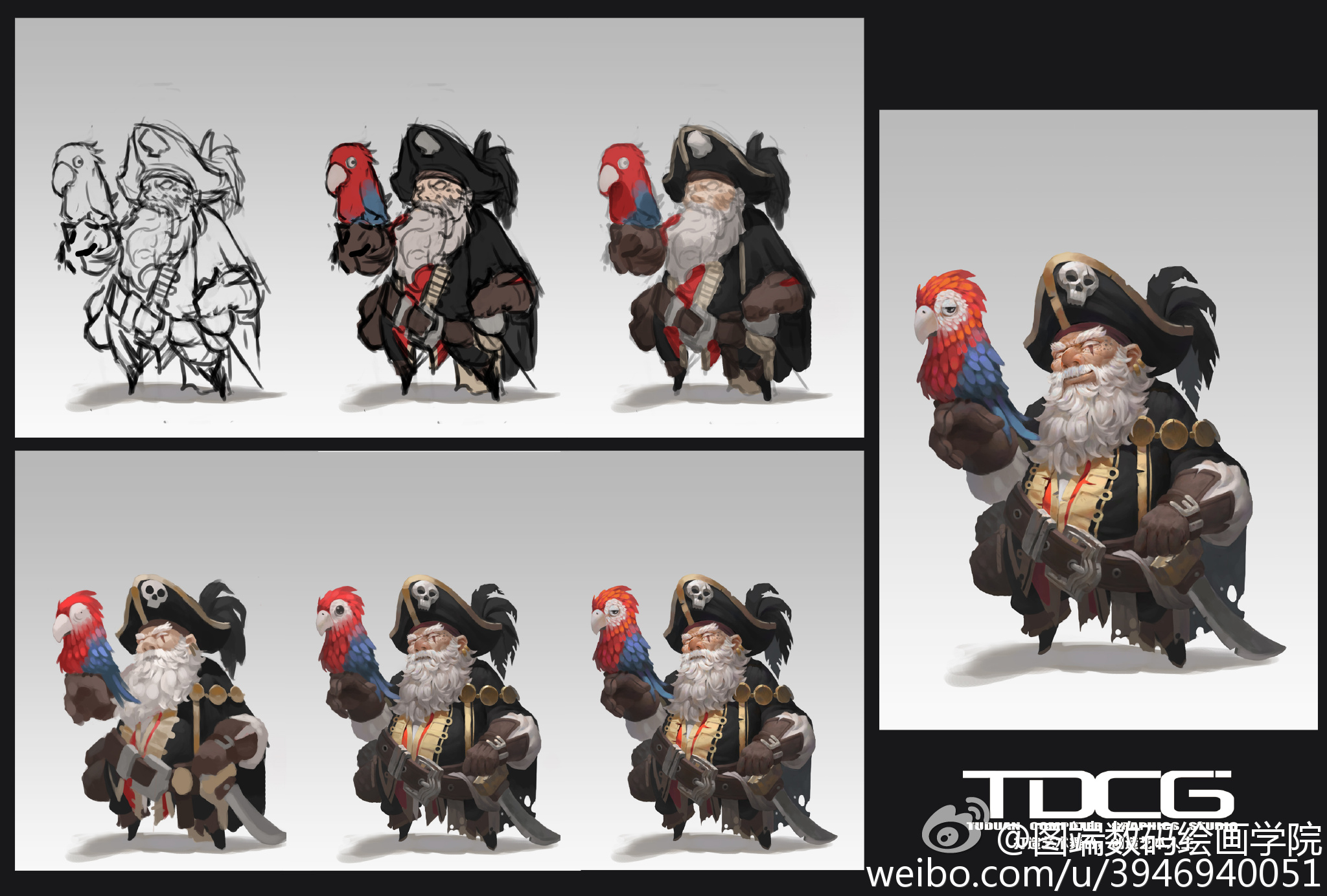 the image shows the character design process of a pirate captain with a parrot. the left side shows the process of drawing the pirate captain from a sketch to a finished illustration. the right side shows the different color variations of the pirate captain. the pirate captain is a cute and whimsical character with a big beard and a hat. he is wearing a black and gold outfit and carrying a sword. the parrot is red and blue and sitting on his shoulder. the image is digitally drawn and has a fun and playful style.