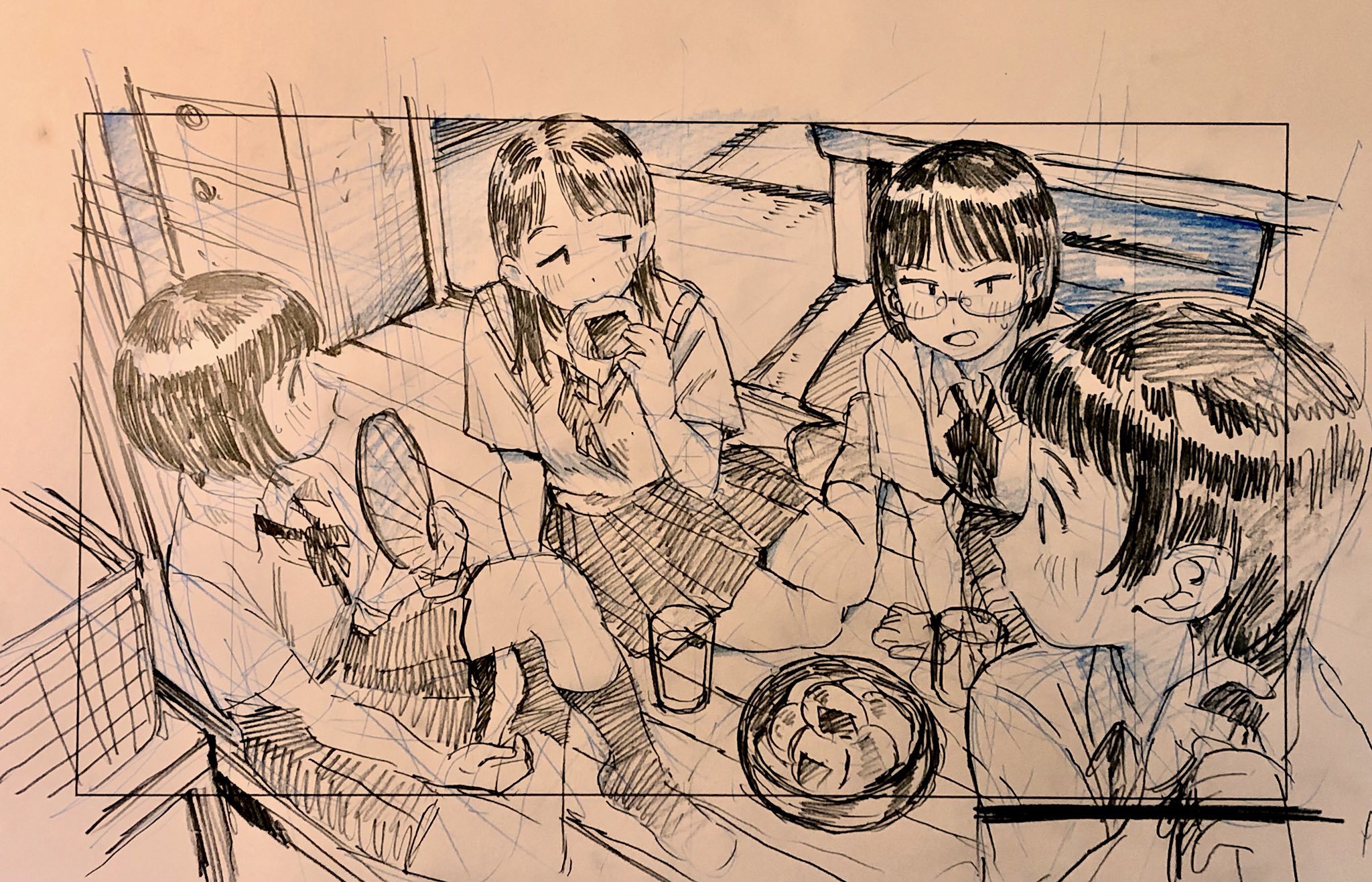 the image is a black and white sketch of four girls in school uniforms enjoying snacks and drinks together. they appear to be in a room, potentially a classroom or clubroom, with a low table in the center. the girls are engaged in conversation and exude a relaxed and friendly atmosphere. the image has a manga or anime style.  the perspective is from a high angle, looking down at the group.