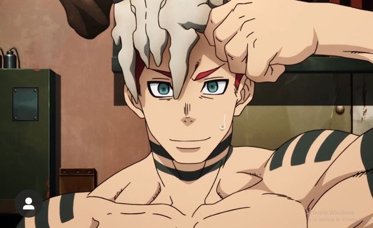 an anime character with white and red hair, green eyes, a dark complexion and tattoos on his arms is smiling as he puts his hand on his head. he is shirtless. the character is drawn in a detailed style with sharp lines and bold colors.