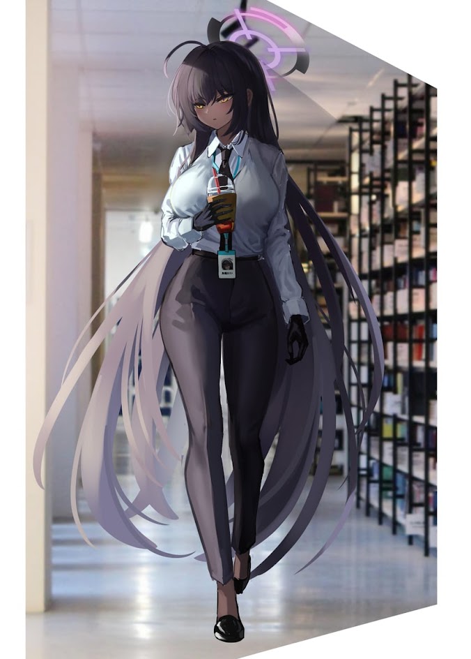 a female anime character with long purple hair is shown wearing a white shirt and black pants.  she is holding a cup of coffee in one hand, and has a work id card around her neck.  she is walking in a hallway with shelves on the right.  the background is blurred and the focus is on the character.