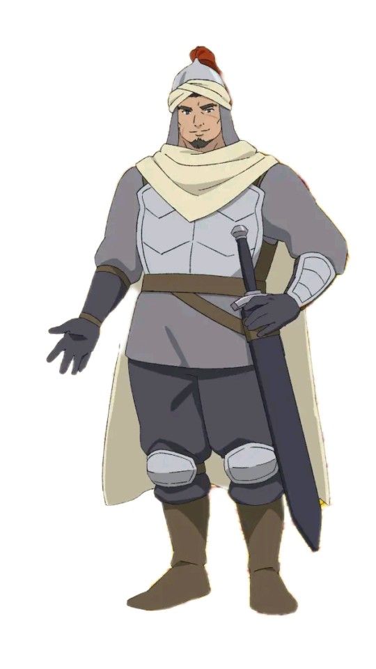 this image features an anime character in a fantasy setting. he is a male warrior, dressed in armor and a cloak, with a sword strapped to his side. he wears a helmet with a red plume. his expression is serious, suggesting he is a brave and determined fighter.