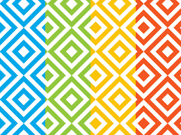 the image features a repeating geometric pattern consisting of squares and diamonds. it is divided into four vertical sections, each with the same pattern but in a different color scheme: blue and white, green and white, yellow and white, and orange and white.