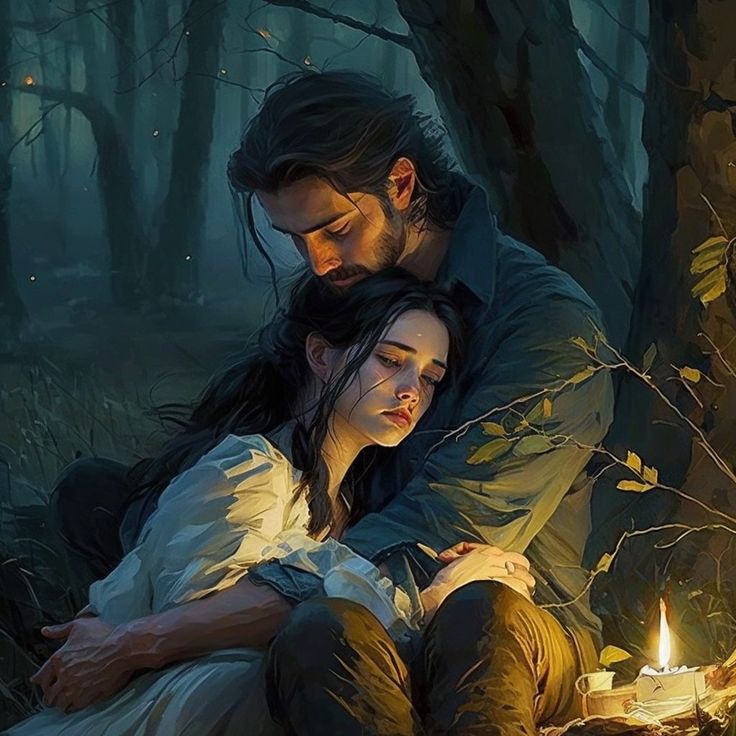 a man and a woman are embracing in a dimly lit forest at night. the man has dark hair and a beard, and the woman has long, flowing dark hair. they are both wearing dark clothing. the woman is resting her head on the man's chest, and he is holding her close. they are both looking down, and their expressions are peaceful and content. the only light source is a single candle, which is casting a warm glow on the couple and the surrounding trees. the overall mood of the image is one of love, romance, and intimacy.