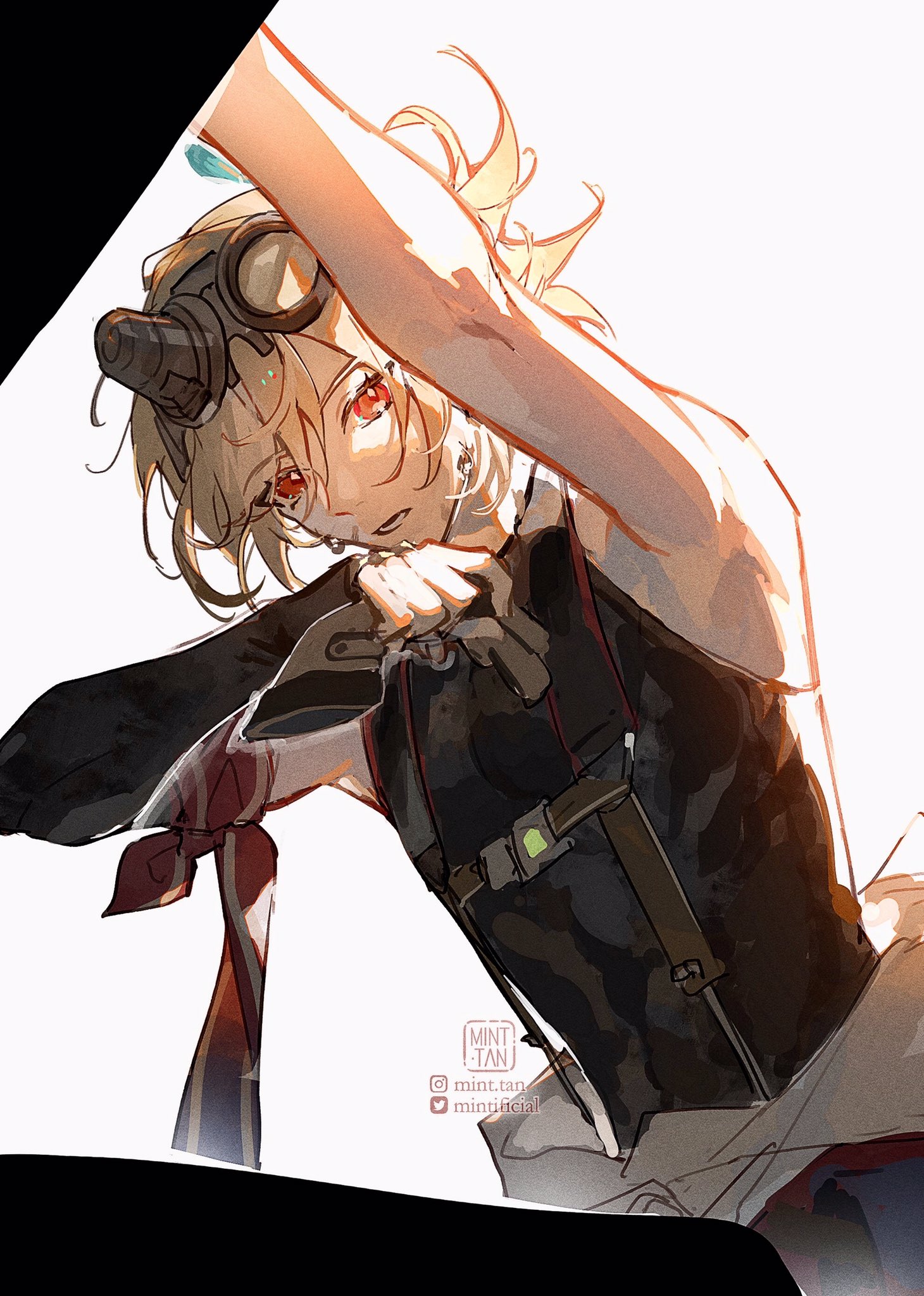 a digital illustration of an anime character, a young woman with long blonde hair, red eyes, and wearing goggles and dark clothing. she is posing dramatically, as if fighting, with a gun in her hand. the art style is dynamic and energetic, and the colors are bright and saturated.