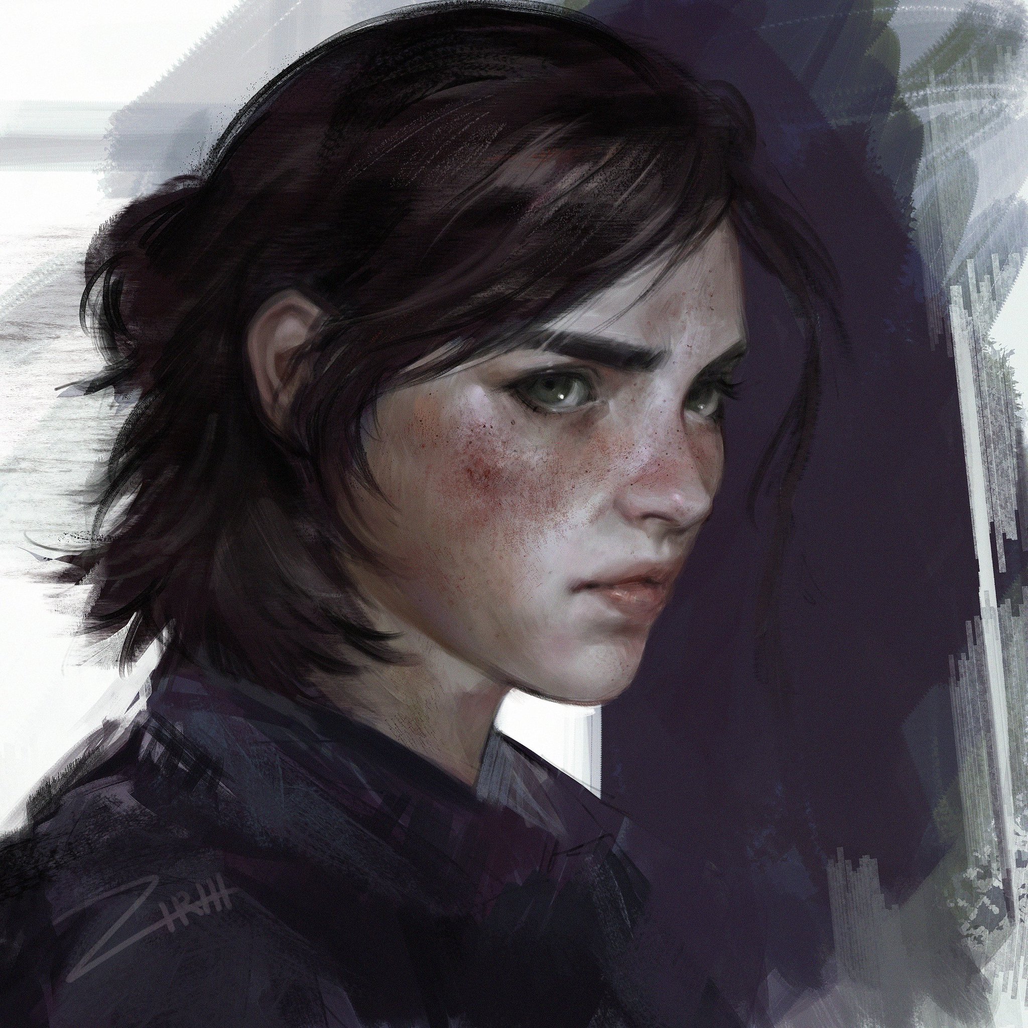 a digital painting of ellie williams from the last of us. the portrait is a closeup of her face from the side, with short brown hair and freckles. she has green eyes and a serious expression. the background is a mix of light and dark brushstrokes.