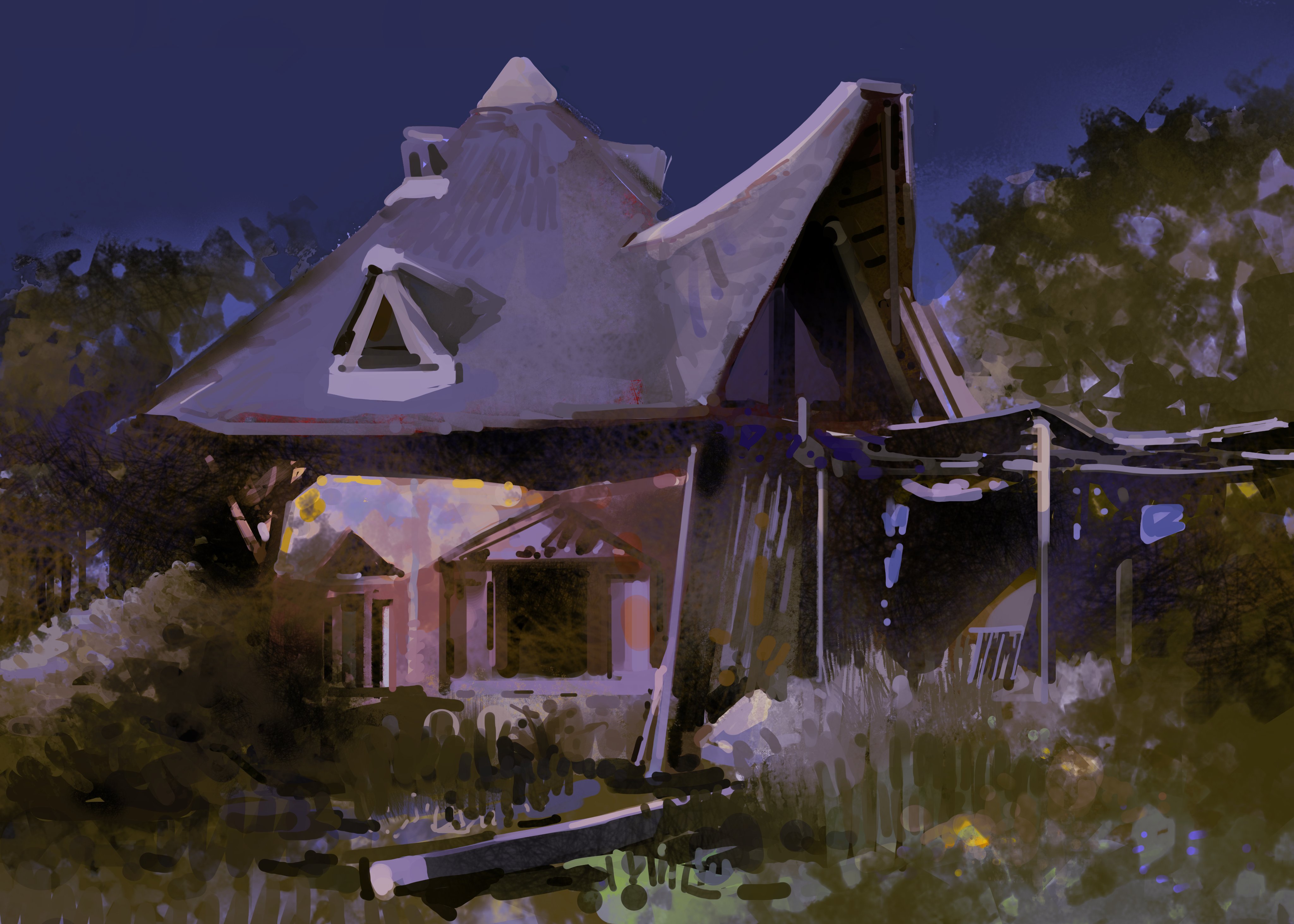 this digital painting depicts a rustic old house shrouded in darkness. the house has a unique roofline with multiple peaks and a window visible on one side. overgrown foliage and trees encircle the structure, creating a sense of abandonment. the painting captures a moody atmosphere with dark shadows and soft lighting, adding to the sense of mystery and intrigue.