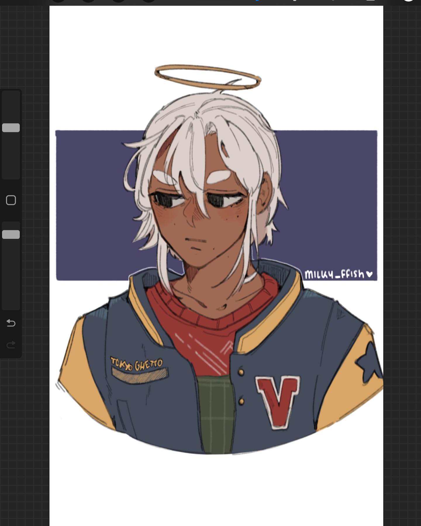 the image is a digital illustration of a young man with white hair and dark brown skin. he's wearing a dark blue varsity jacket with yellow sleeves and a red and green plaid shirt underneath. a small gold halo floats above his head.  the jacket has "tokyo ghetto" embroidered on one side and a large red "v" on the other. his facial expression is serious or perhaps pensive. the background is a simple dark purple rectangle. the art style is a blend of anime and western styles, with soft shading and linework.  the artist's signature, "miluuy_ffish," is visible in the bottom right corner.  the overall feel is slightly melancholic or mysterious.