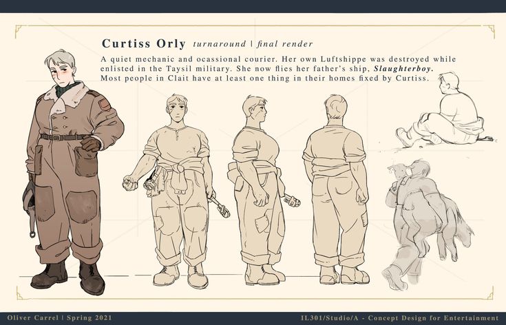 this image is a digital illustration of a character design. the character's name is curtiss orly and she is a quiet mechanic and occasional courier. she is a woman with short, dark hair. she is wearing a brown jumpsuit. she is standing in different poses, showing front, side, and back views of her. the character is being designed for use in a video game or other type of media. the image includes text with information about the character, including the fact that her luftshippe (a kind of spaceship) was destroyed while she was enlisted in the taysil military. she now flies her father's ship, slaughterboy. the text also says that most people in clait have at least one thing in their homes fixed by curtiss.