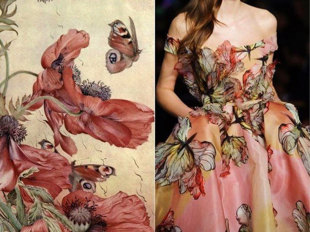 the image shows a model wearing a highfashion gown with a floral and butterfly print. the dress is made of a light, flowing fabric and features intricate details. the model's hair is long and flowing, and she is standing with one hand on her hip. the background is a vintage painting of poppies and butterflies. the overall image is feminine, elegant, and whimsical.