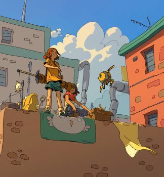 two characters, a woman, and a girl, are positioned on a rooftop in a stylized urban setting. the woman, with reddish hair, stands confidently holding a large object resembling a futuristic sword or bat. she's dressed in orange and yellow, reflecting the sundrenched scene. the younger girl, wearing a blue shirt and red headband, bends forward as if unpacking or rummaging through a cardboard box. a whimsical, round robot with wings hovers in the background. the overall palette is warm and inviting, emphasizing the bright daylight.  the composition uses a low angle, making the characters appear larger against the backdrop of the city. this perspective, combined with the characters' actions, creates a sense of adventure and playfulness.