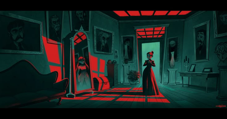 an illustration of a gothic haunted house interior. the color scheme is mostly green and red. a woman in a long dress stands in the middle of the room with her hands together. to her left, there is a mirror that shows a different figure of a woman, possibly a ghost. several paintings are hanging on the wall. there is a couch on the left. a desk with candles and a bust on the right. red light is shining through openings in the ceiling.